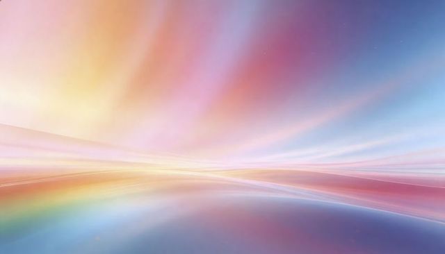 Glowing abstract horizon reflecting pastel gradients and light streaks over mirrored plane