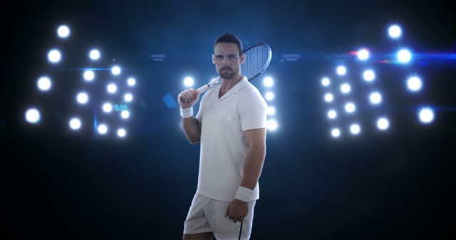 Male Tennis Player on Illuminated Court in Action Pose - Download Free Stock Images Pikwizard.com