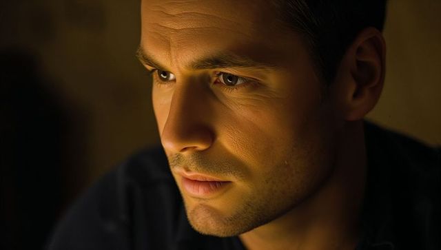 Closeup moody portrait of light-skinned man with stubble and amber side lighting intense gaze