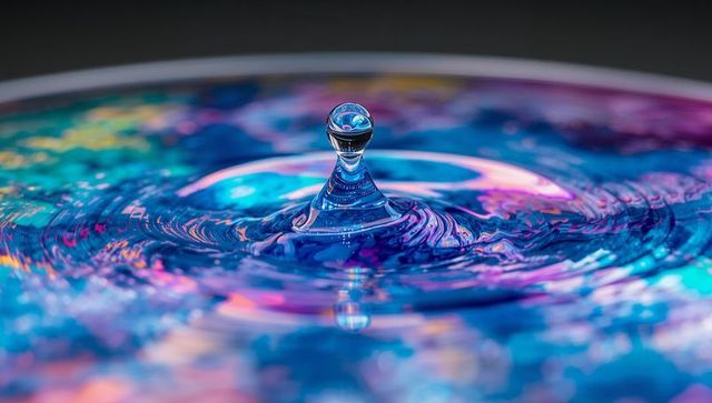 Iridescent water droplet creating neon ripples and bokeh reflections in macro