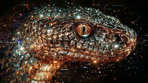 Futuristic metallic king cobra in digital realm