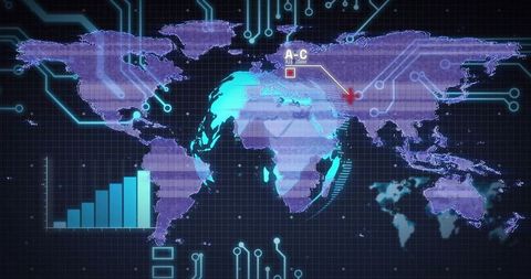 Futuristic global dashboard with digital circuits and data visualization