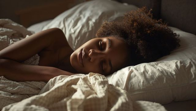 Serene woman sleeping in cozy bed with warm morning light intimate bedroom portrait