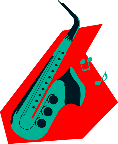 Teal saxophone with red and musical notes on transparent background