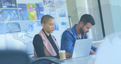 Diverse Professionals Working with Global Map Overlay