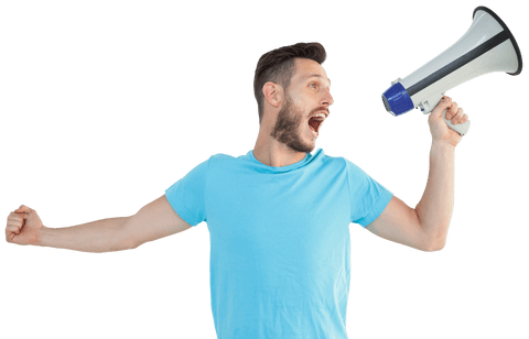 Transparent man yelling into megaphone enthusiastically