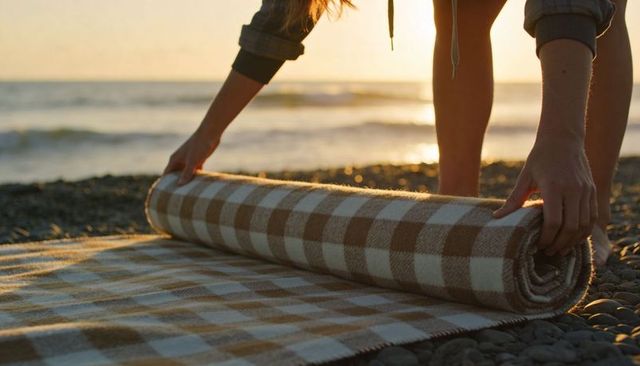 Rolling checkered blanket on pebble beach at golden sunset by woman in hoodie and shorts