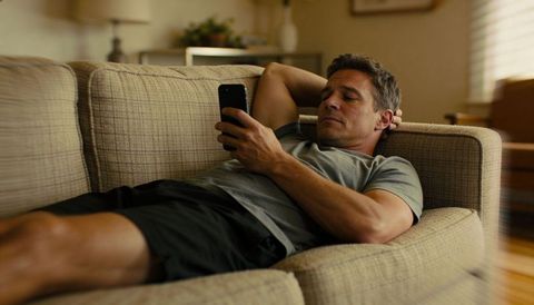Man lounging on beige sofa scrolling smartphone in cozy living room, relaxed casual lifestyle