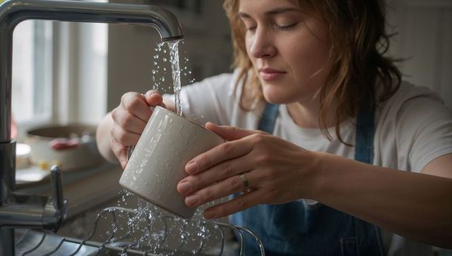 Woman rinsing ceramic mug at kitchen sink, denim apron, close-up running water droplets