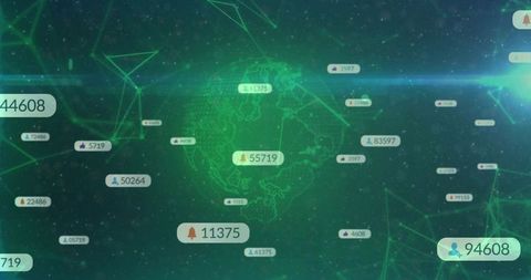 Futuristic Digital Interface with Rotating Transparent Globe and Data Visualizations