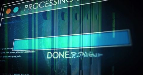 Glitchy processing progress bar on futuristic cyber dashboard with neon data streams and done text