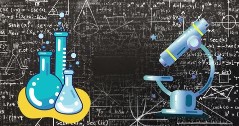 Science Icons Overlaying Mathematical Equations