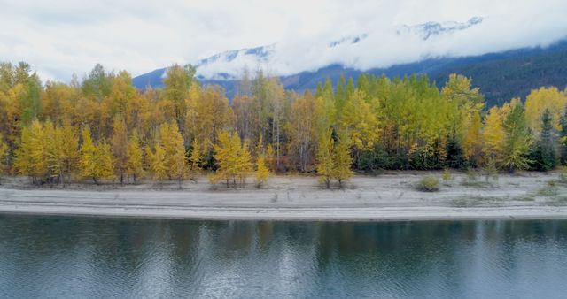 Beautiful autumn scene with a calm river reflecting colorful trees and a distant mountain. Ideal for promoting travel, camping, or nature retreats. Perfect for seasonal greetings, wallpaper, and decorations.