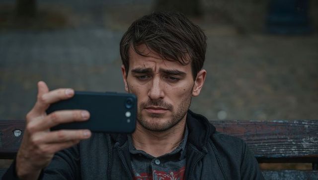 Frowning man checking smartphone on weathered bench moody urban outdoors wearing hoodie