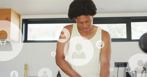 Athlete Preparing Healthy Meal with Digital Tech Overlay