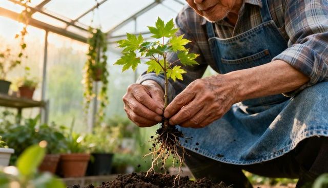 Senior gardener transplanting young maple sapling in sunlit greenhouse