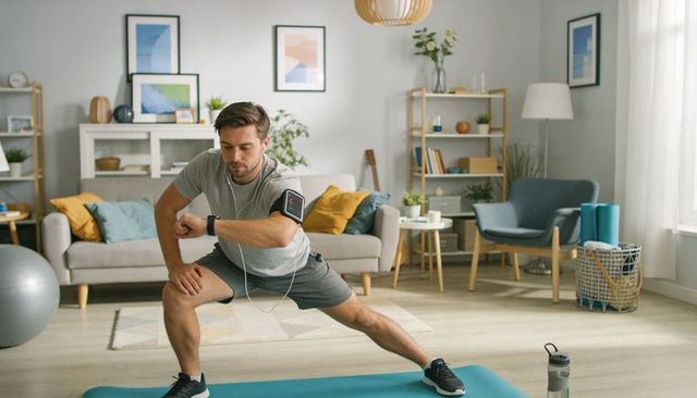Man performing side lunge on mat with smartwatch tracking workout in modern living room