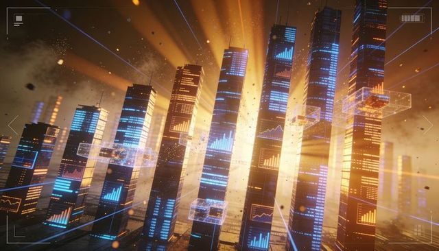Futuristic data towers displaying holographic charts and neon analytics in digital skyline