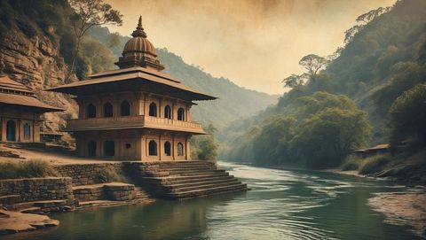 Tranquil stone pavilion overlooking serene river