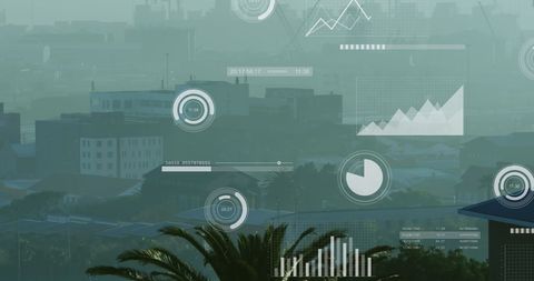 Digital financial data overlaying urban landscape