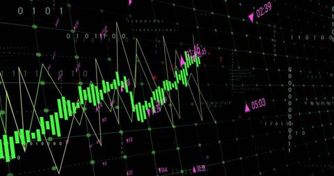 Neon Market Dashboard Showing Rising Green Candlestick Chart with Binary Grid Overlay