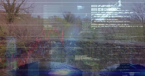 Rural river merging with financial data overlays and code streams, red blue charts