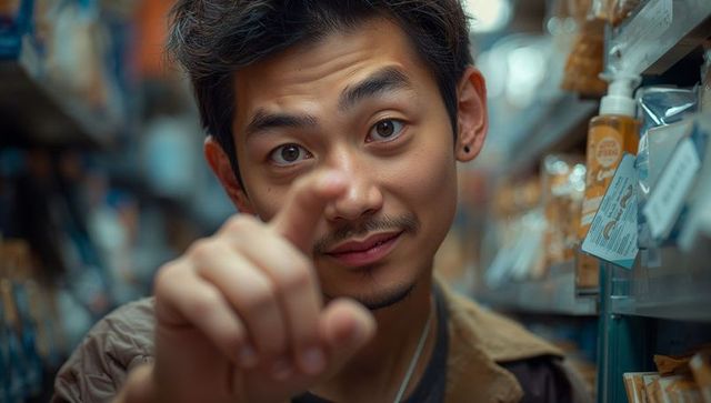 Friendly asian man pointing forward in boutique aisle, closeup warm candid portrait