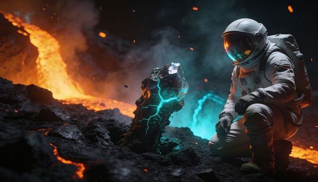 Kneeling astronaut examining glowing cyan-veined alien rock on volcanic lava crater