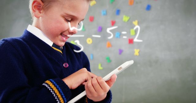 Image of handwritten mathematical equations over a smiling schoolboy wearing school uniform using a tablet computer. Global digital education network digitally generated image.