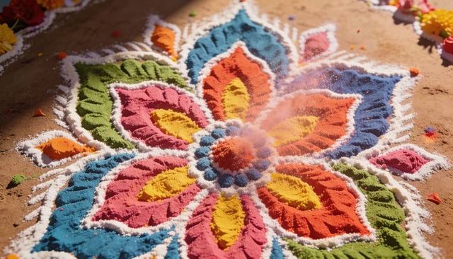 Celebrating festive rangoli mandala with vibrant colored powders on packed earth