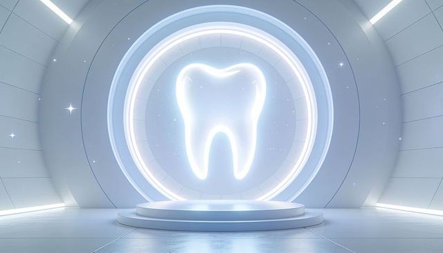Glowing tooth icon hovering above circular platform in futuristic dental showroom