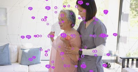 Senior woman exercising with hand weights while caregiver in gray scrubs guiding under ai overlay