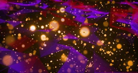 Floating low-poly mesh with purple facets and golden bokeh lights, futuristic background