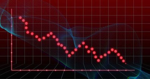 Neon 3D Declining Data Trend with Pink Markers on Futuristic Grid and Digital Mesh