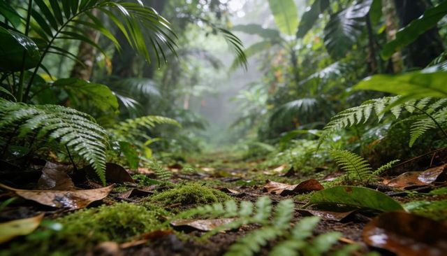 Mossy rainforest trail winding through lush tropical understory with fern fronds and mist