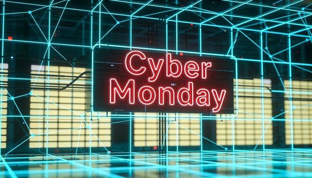 Neon cyber monday sign glowing in futuristic cyan grid network for online sale campaigns