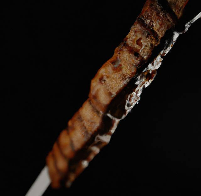 Close up of kebab meat on black background. Food, traditional dish, fresh and health concept.