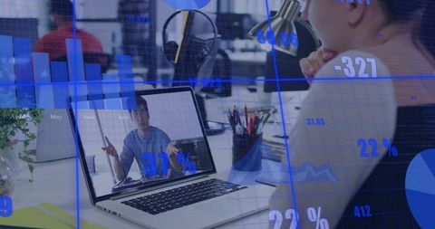 Remote team collaborating on data-driven videoconference with interactive charts overlay