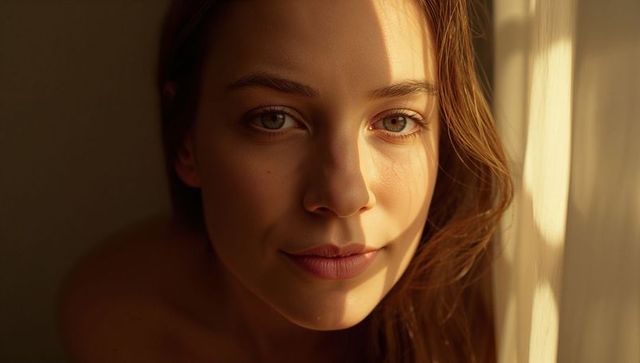 Gazing young woman bathing in warm window sunlight, close-up soft-lit golden hour portrait