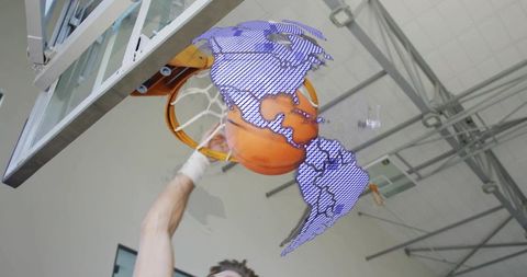 Basketball Dunk with Digital Globe Overlay in Indoor Gym
