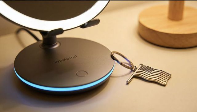 Led ring mirror base glowing with wireless qi charging pad and american flag keyring