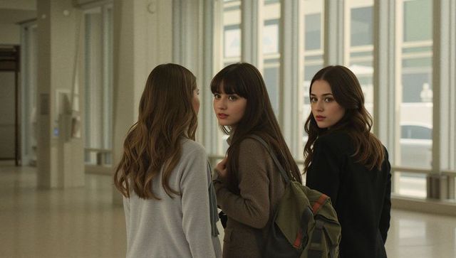 Three teenage friends standing in modern atrium turning and looking back with backpack