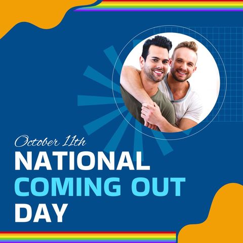 Caucasian couple embracing and smiling to celebrate National Coming Out Day on October 11th. This composition conveys themes of love, inclusion, and LGBTQ pride, perfect for use in campaigns promoting awareness, support for LGBTQ communities, and equality initiatives globally.