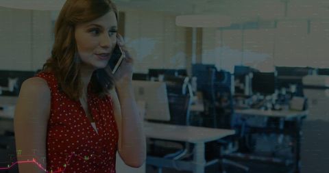 Businesswoman on Phone in Office with Digital Overlay