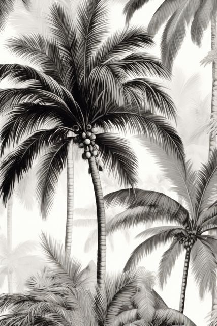 Multiple palm trees in black and white, created using generative ai technology. Palm trees, wallpaper pattern and exotic nature concept digitally generated image.