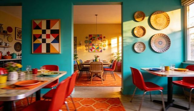 Sunlit midcentury eclectic dining room with turquoise walls, geometric art and red chairs