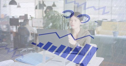 Businesswoman engages in virtual call with financial data overlay