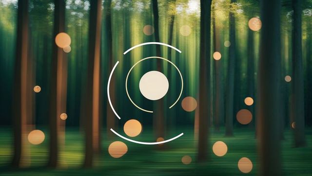 Futuristic interface in enchanting forest with golden bokeh
