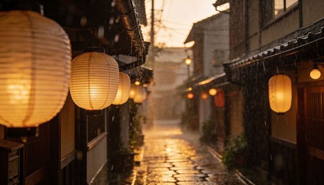 Glowing traditional japanese lantern alley on rain-slick flagstones at dusk