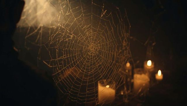 Gothic spider web scene with mysterious candlelit ambiance